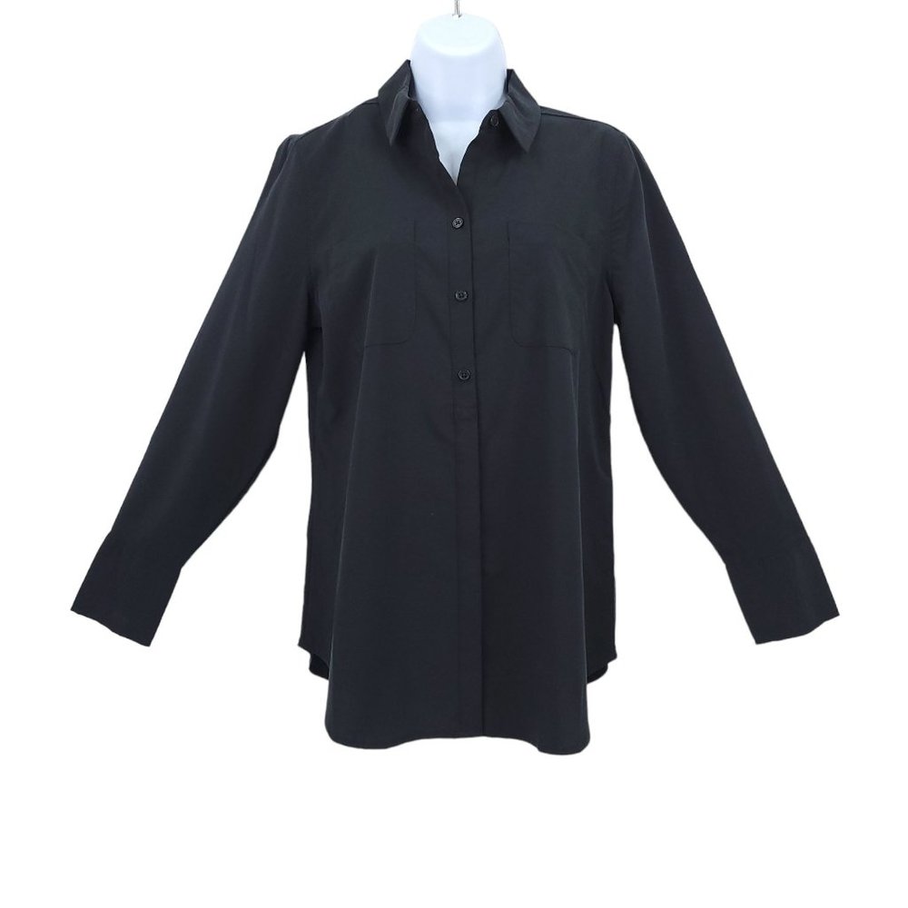 Chicos Half Placket Shirt Fashion Top Womens Size 0 US 4 Black Silky Soft NEW